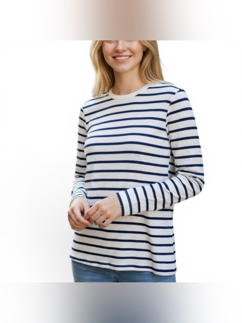 LC WAIKIKI Womens Long Sleeve Top White and Blue Stripes Lightweight Size Small
